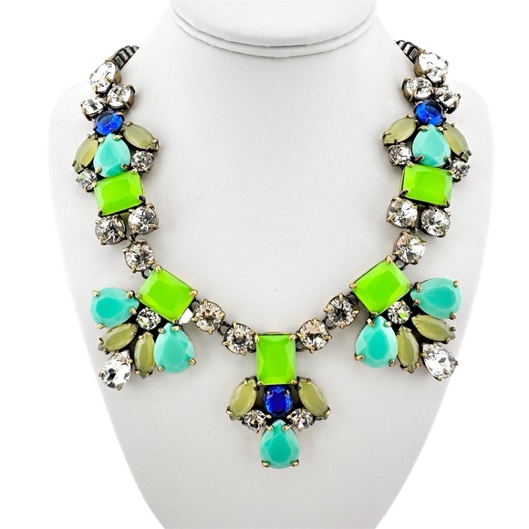 J Crew Necklace, Statement with Lime Green and Turquoise Rhinestones - Picture 1 of 9